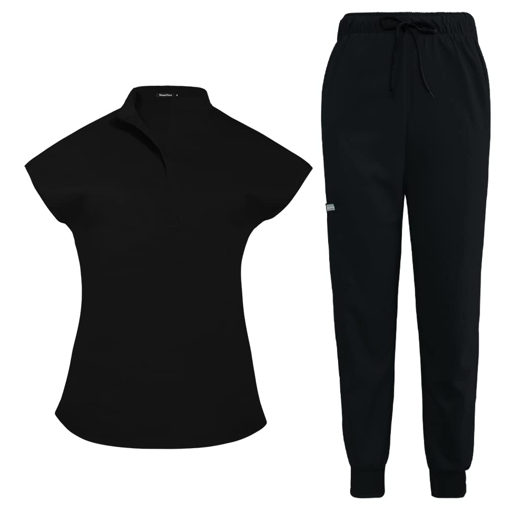 niaahinn Scrubs Set for Women Nurse Uniform Jogger Suit Stretch Top & Pants with Multi Pocket for Nurse Doctor Esthetician Workwear (Black, Large)