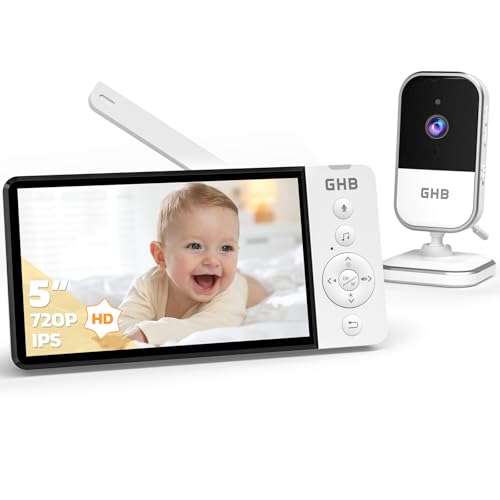 GHB Baby Monitor Video e Audio 5' 720P HD 5000mAh IPS Schermo, Telecamera Bambini con Monitor Visione Notturna Rilevamento della Temperatura Ninne Nanne Integrate