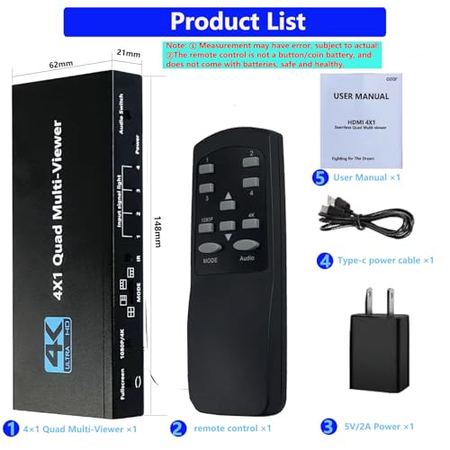 Multiviewer HDMI 4 x 1 4K commutateur 4 canaux avec télécommande