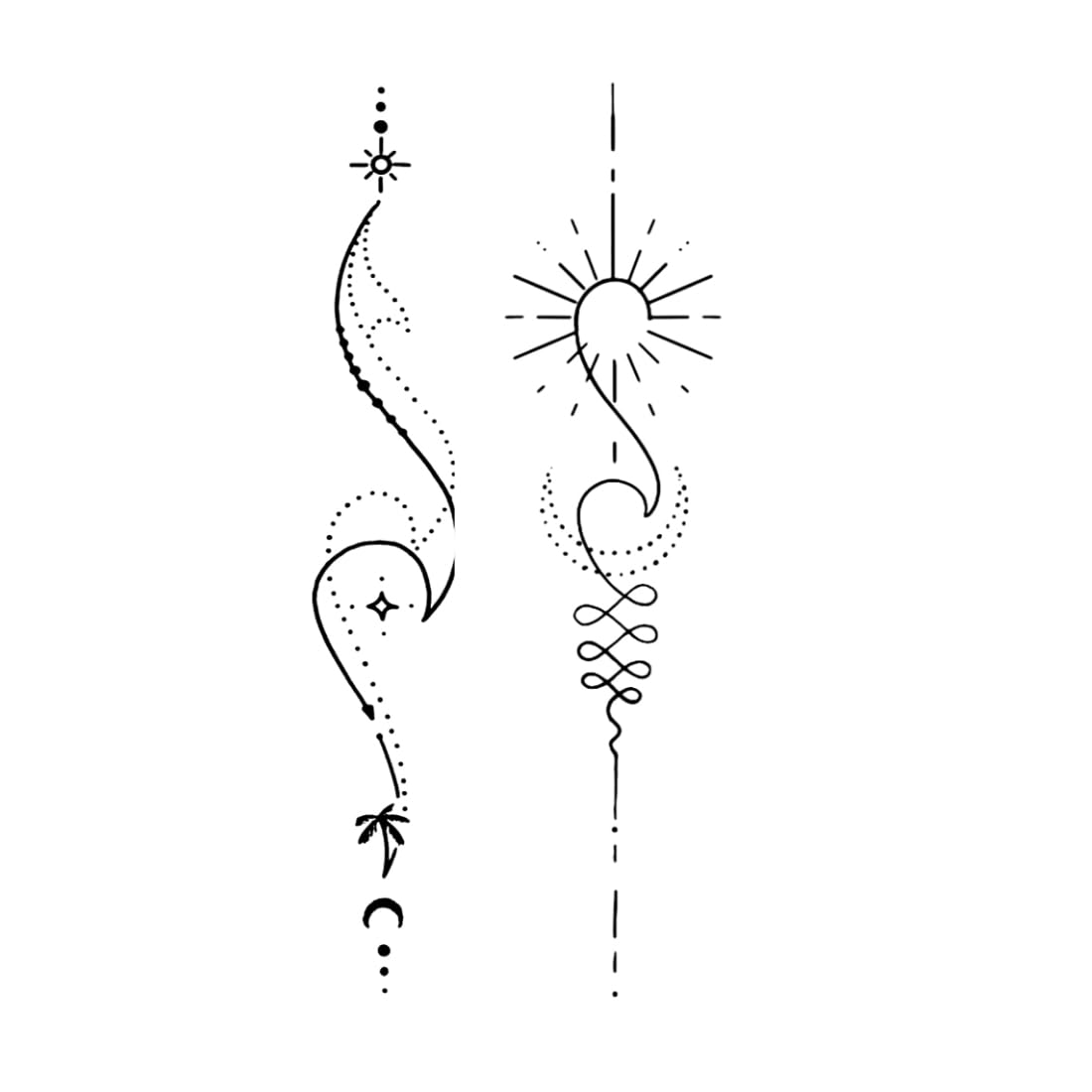 Minimalist Celestial Line Art Forearm Tattoo Design Featuring Sun, Moon, And Cosmic Dots, Elegant Fine Line Astrology Inspired Temporary Tattoo With Spiritual Balance Symbol And Modern Aesthetic Look-picture-10