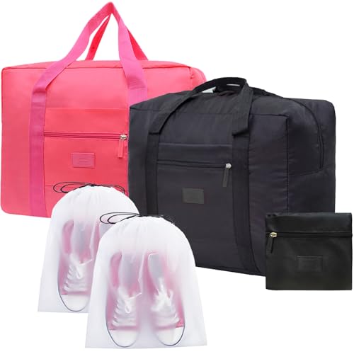 2PCS Travel Bag Foldable Luggage Bag for Spirit Airlines Tote Carry on Duffle Bag Sports Gym Water Resistant Personal Item Bag Weekender Overnight Bags (Red+Black)