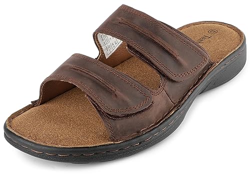 Mens Adjustable Leather Slide Sandals Comfortable Lightweight Summer Memory Foam Sandals Casual Beach Slip On Sandals for Men Indoor & Outdoor