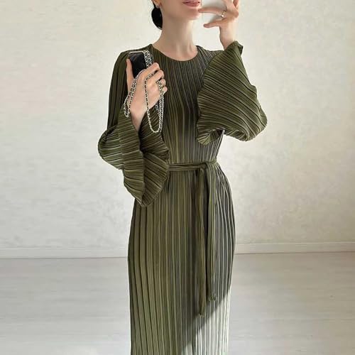 Image of Pluto & Fox Women's Crew Neck Plisse Maxi Dress Long Sleevele Flared Cuffs Belted Pleated Party Cocktail Wedding Guest Dress