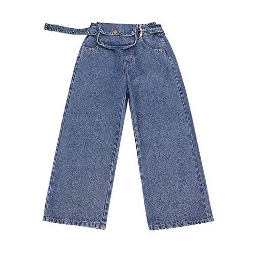 Casual Wide Leg Jeans for Little Girls Loose Pants Trousers Children Elastic High Waist Trousers + Waist Pack
