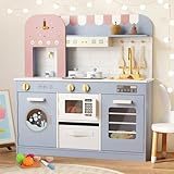 BIERUM Play Kitchen with Realistic Lights & Sounds, Wooden Kitchen Playset Chef Pretend Play Set for Toddlers, Toy Kitchen with 26 Pcs Toy Food & Cookware Accessories, Gift for Ages 3+ (Bule)