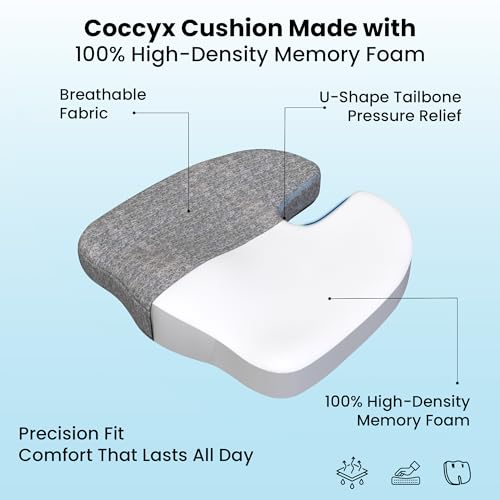 Image of CareFoam Coccyx Seat Cushion Memory Foam for Tailbone Pain Relief | Orthopedic Sciatica & Back Support Pillow for Office Chair, Car Seat, Wheelchair | U Shape Ergonomic Design, Washable Cover