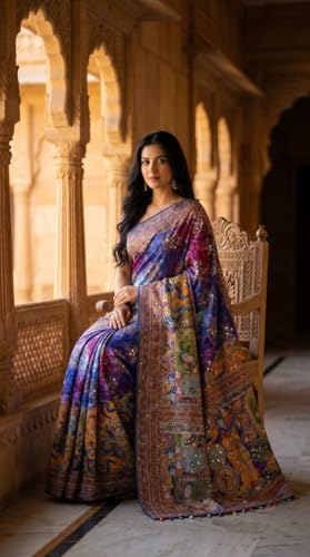 Image of Ajrakh Sarees for Women Roman Silk Ajrakh Print Saree for Woman with Mirror Work Border Pallu & Kodi Latkan with Blouse Piece Designer Ethnic Wear