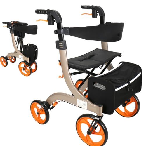 GJBMXSM Deambulatore a 4 Ruote con Sedile, Sedia a Rotelle Leggera, Rollator Pieghevole, Girello Regolabile E Leggera, Carrozzina in Alluminio per Anziani Champagne
