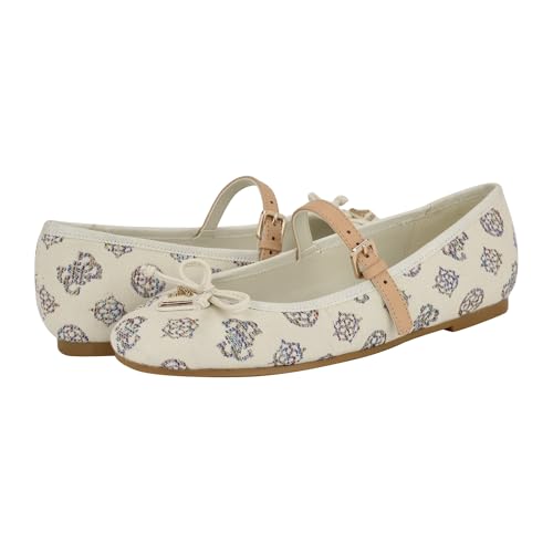 Guess Women's KAYRAY Mary Jane Flat, Ivory Rainbow Multi Logo 140, 9.52