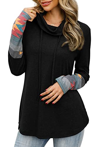 PrinStory Womens Pullover Top Turtleneck Aztec Printed Tunic Drawstring Color Blocks Sweatshirt Black US Large