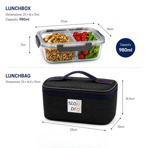Image of 2 Compartment Glass Lunch Box with Insulated Lunch Bag | Leakproof Airtight Food Storage Container | BPA Free Meal Prep Bento Box for Office, School, College & Travel (980ml)