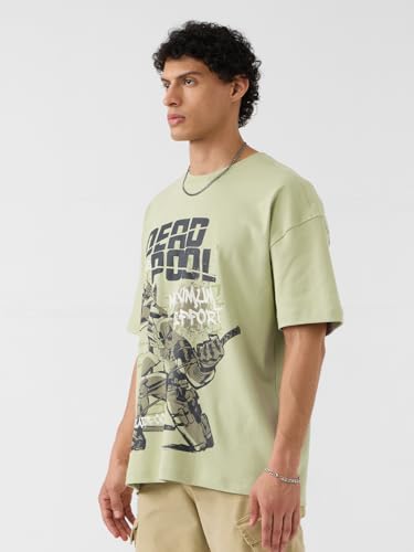 Image of The Souled Store Deadpool: Maximum Effort Men and Boys Short Sleeves Round Neck Green Graphic Printed Cotton Oversized T-Shirts