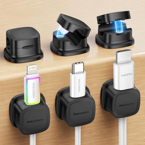 Rocoren Clips Câble,Organisateur de Cables,Accroche Cable,Clips de Câble Autocollants,Support de Câble Magnétique,Convient pour le Bureau, La Table de Nuit, Le Câble de Charge, HDMI, USB (6, Noir)