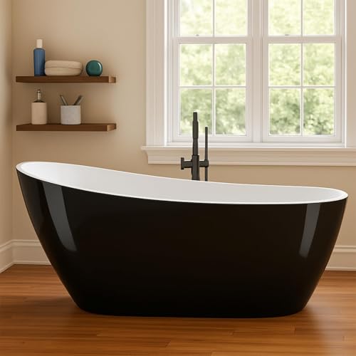 67' Acrylic Freestanding Bathtub, Black Exterior White Interior, Acrylic Stand Alone Tub with Chrome...