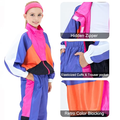 80s Outfit for Kids, Retro 90s Tracksuit Boys Girls Hip Hop Dance Clothes Unisex Patchwork Jacket Pants Sportswear4