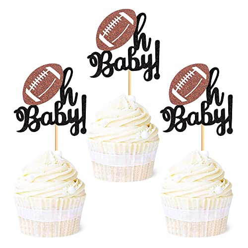 Ercadio 24 Pack American Football Oh Baby Cupcake Toppers - Black Glitter Rugby Picks for Sports Theme Baby Shower, Gender Reveal Party Cake Decor Supplies