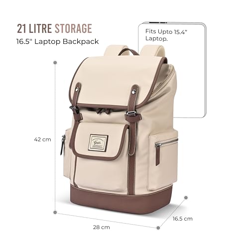 Image of Gear Classic 16.5 inch /21L Medium Water Resistant Faux Leather Anti Theft Knapsack | Laptop Bag | Casual Bag | Travel Bag for Men /Women (Cream - Brown)