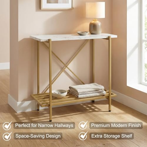 Image of ecofynd 26 Inch 2 Tier Console Table, Metal with Engineered Wooden top for Long Narrow Hallway, Entryway, Living Room, Dining Room, Office, Home Side Table Storage Shelves (WHTGO, CT005)