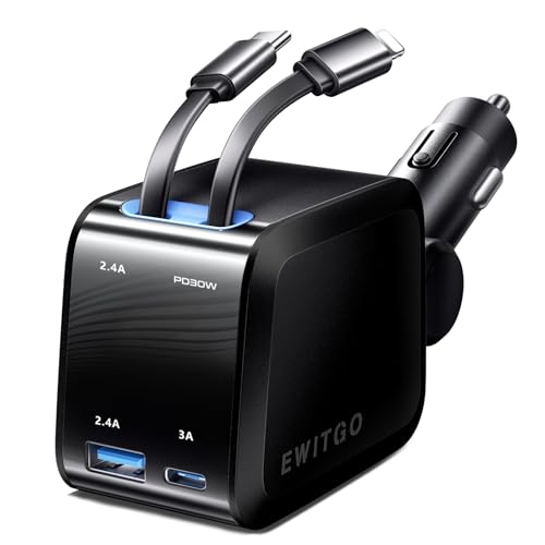 EWITGO Retractable Car Charger, Car Accessories, 69W Fast Charging USB C Car Charger with 4FT...