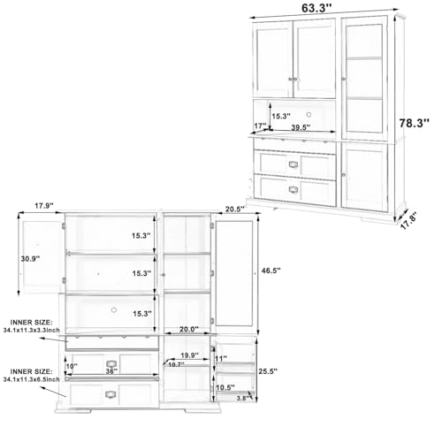 Image of Ball & Cast 78″Tall Kitchen Pantry Cabinet with 3 Drawers,66''w Kitchen Hutch Cabinet, Large Freestanding Storage Cabinet w /4 Doors,Door Shelf and Adjustable Shelves,for Kitchen and Dining Room,White