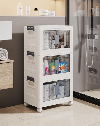 OlarHike 23QT Storage Bins with Lids - Folding Storage box with Doors and Wheels, Collapsible Plastic Storage Bins for Closets, Stackable Storage Organizer, Storage Containers for Closet, 3 Pack Cubes