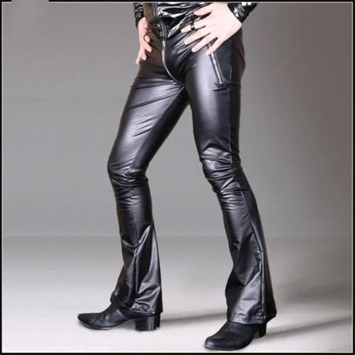 Hndudnff Men Metallic Gold Pu Leather Flare Pants Open Crotch Skinny Latex Sexy Zip Trousers2