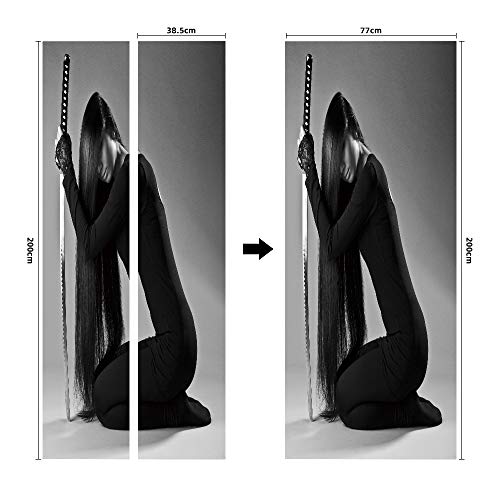 Door Sticker Wallpaper Murals Peel And Stick, Wall Sticker Decal For Bedroom Home Decor Waterproof, Removable Premium Vinyl Upgrade, Lady With Black Clothes With Samurai Knife #TOP6