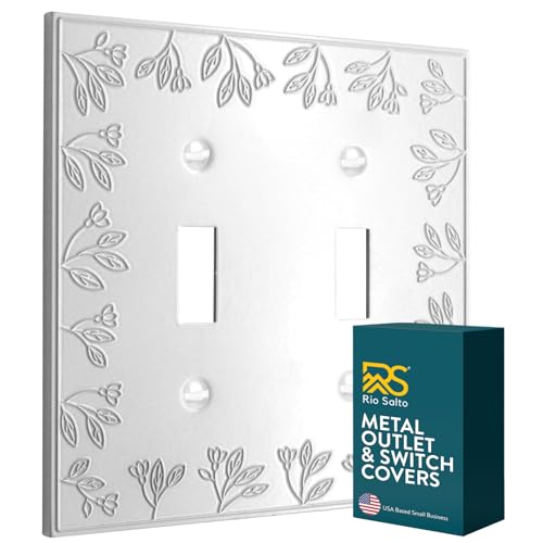 Rio Salto Decorative White 2 Light Switch Cover Plate Premium Metal Flower Double Toggle Flip Switch Outlet Covers Flower Wall Plates — Floral Collection, Midsize 5.00" × 5.00"