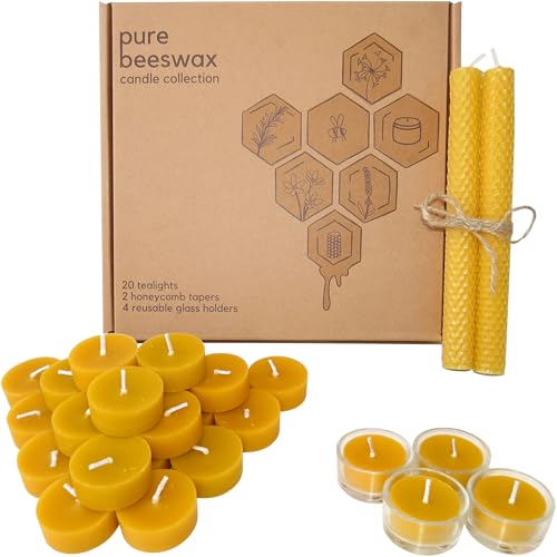 Treehouseco Juego de 20 velas de té de cera de abeja pura, 2 velas cónicas de panal y 4 soportes de vidrio reutilizables, velas de té de larga duración y velas largas, cera de abejas no tóxica