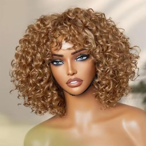 oulaer Golden Blonde Short Cut Curly Human Hair Wig with