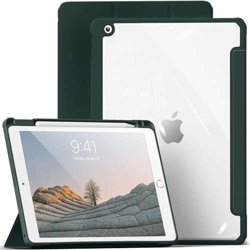 BQDIYOO iPad 第9世代 ケース 第9世代 第8世代 第7世代 （2021/2020/2019モデル）iPad 10.2インチ ソフトシリコン保護ケース オートスリープ/ウェイク 三つ折りスタンド対応 Pencil収納 半透明背面ケース 耐衝撃 指紋防止 薄型軽量 傷防止保護フィルム付きiPadケース ダークグリーン