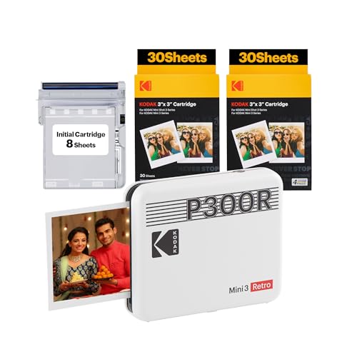 Image of Kodak Mini 3 Retro, Portable Photo Colour Printer + 68 Sheets Bundle, White