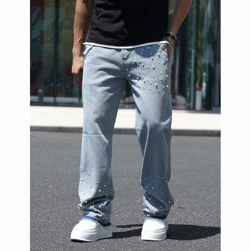 XYGJZ Mens Hip Hop Pearl Jeans Loose Fit Straight Leg Denim Pants2