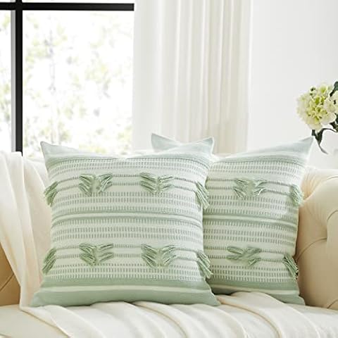 Set of 2 Throw Pillow Covers for Sofa 18x18 Turquoise Green Cotton Decorative Cushion Pillow Covers for Couch Square Pillow Case Living Room Bedroom Cover