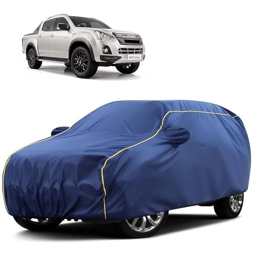 Image of Sulfar 100% Water Resistant Car Body Cover Compatible with Mirror for Isuzu V-Cross (Triple Stitched, Full Bottom Elastic, Blue Tafetta with Yellow Piping)