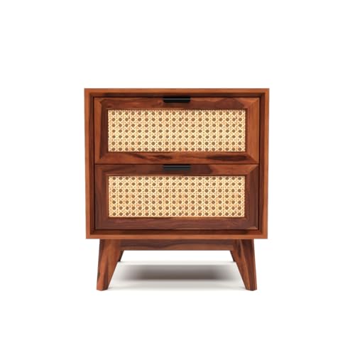 Image of Sheesham Wooden Bedside Table for Bedroom, Home Furniture | Solid Wood Bed Side NighStand Table for Living Room | Wooden Bed Side End Table with Natural Rattan Design in Honey Finish
