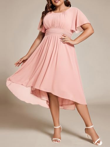 Image of Ever-Pretty Women's Plus Size Formal Wedding Guest Dresses for Curvy Women A Line Chiffon Midi High Low Cocktail Dress