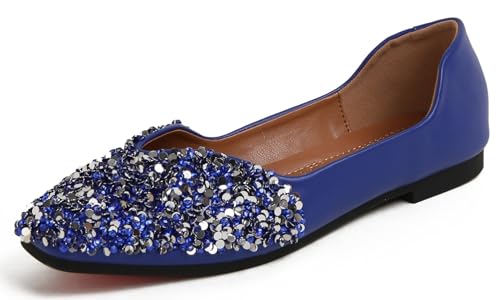 QXCGDYXT Blue Flats Shoes Women Rhinestone Square Fashion Ballet Flats Wedding Flats for Women Comfortable Slip on Low Heel Dress Shoes Size - 10.5