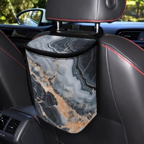 Image of Talayituse Marble Print Car Trash Bin, Large Size Auto Trash Can Adjustable Portable Garbage Can with Lid, Vehicle Hanging Bag for Headrest Front Back Seat