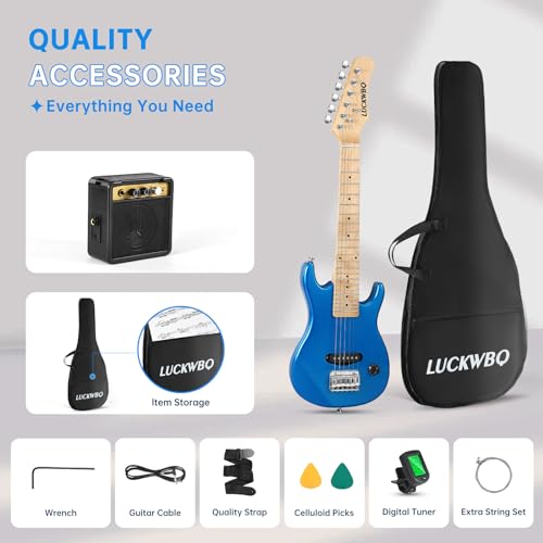 Image of 30 Inch Kids Electric Guitar Beginner Kits ST Style Mini Electric Guitar for Boys Girls，Electric guitar Starter Kit w / 5W Amplifier, Strap, Gig Bag, Strings, tuner，strings，Picks （Blue）