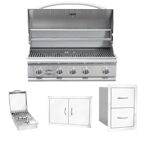 Bullet by Bull Stainless Steel Outdoor Kitchen Grill Set with 5-burner drop-in grill, side burner, access door, and storage drawer