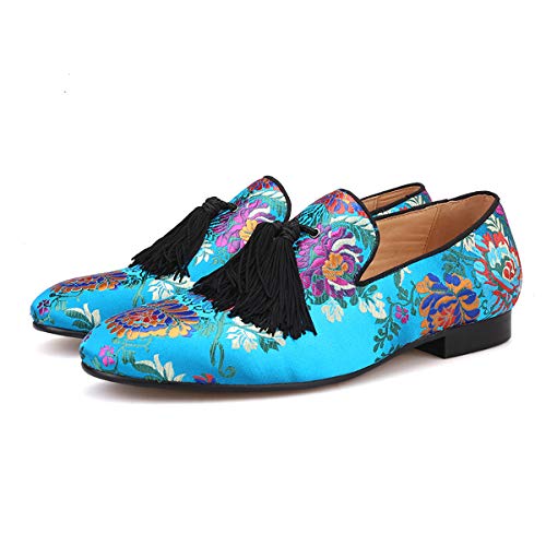 HI&HANN Chinese Style Luxury Flower Silk Shoes Handmade Men Tassel Loafers Men's Party/Wedding Shoes-7.5-Blue