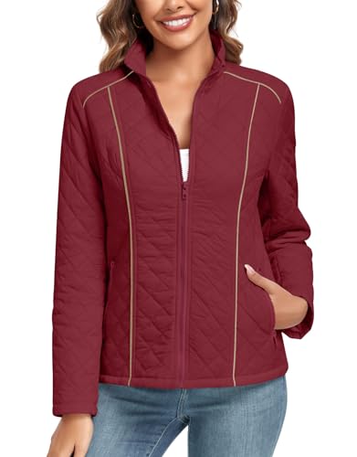 Anyhold Women's Lightweight Full Zip Jacket Diamond Quilted Coat Long Sleeve Stand Collar Trendy Winter with Pockets3