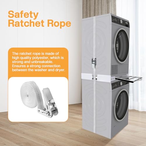 Overlappingsset voor wasmachine en droger met ratelriemen, universeel tussenframe met uittrekbare handdoekhouder, in grootte verstelbaar (46 - 72 cm) - Afbeelding 6