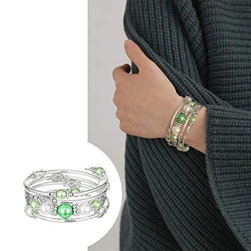 Fulu Autumn Beaded Pearl Bangle Bracelets For Women Silver Wrap Bangles Bracelet Womens Costume Jewelry Fashion Gift(Green) #TOP4