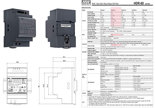 Fuente de alimentación para carril DIN Mean Well HDR-60-12 de 12V, 4,5A y 54W 3