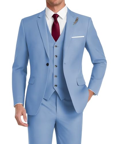 HUUTOE Dusty Blue Suits for Men 3 Piece Slim Fit Trajes para Hombre Elegantes Wedding Prom Suit Men Blazer Jacket Vest and Pants 2X-Large