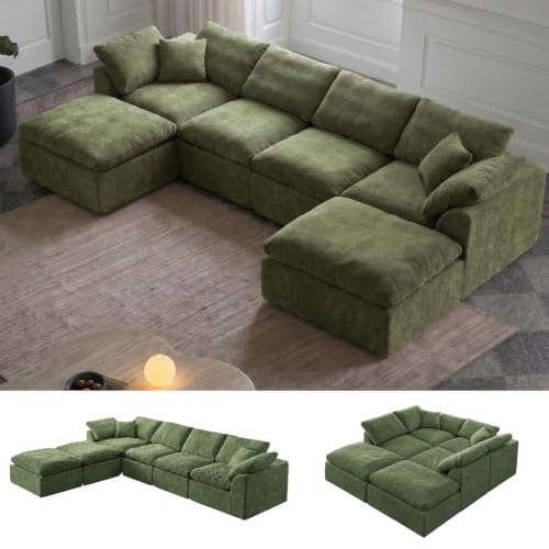 Image of Cloud Couch Sectional for Living Room, Modular U Shaped Boneless Sofa with Chaise, Compressed No Assembly Couch, Deep Seat Chenille Upholstered Convertible Sofa Bed(Forest Green)
