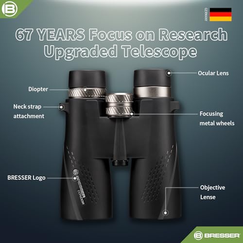 Image of BRESSER 10x50 Binoculars for Adults, High Power Waterproof Binoculars Telescope for Hunting Bird Watching Travel Football Games with Carrying Case and Strap，FMC Green Film，BAK4 Prism