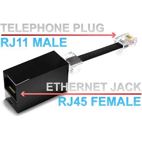Image of 1-Pack RJ11 to RJ45 Adapter Phone Line to Ethernet - RJ45 Female to RJ11 Male for Landline, Fax, DSL Modem Connection (Black, Made in USA)